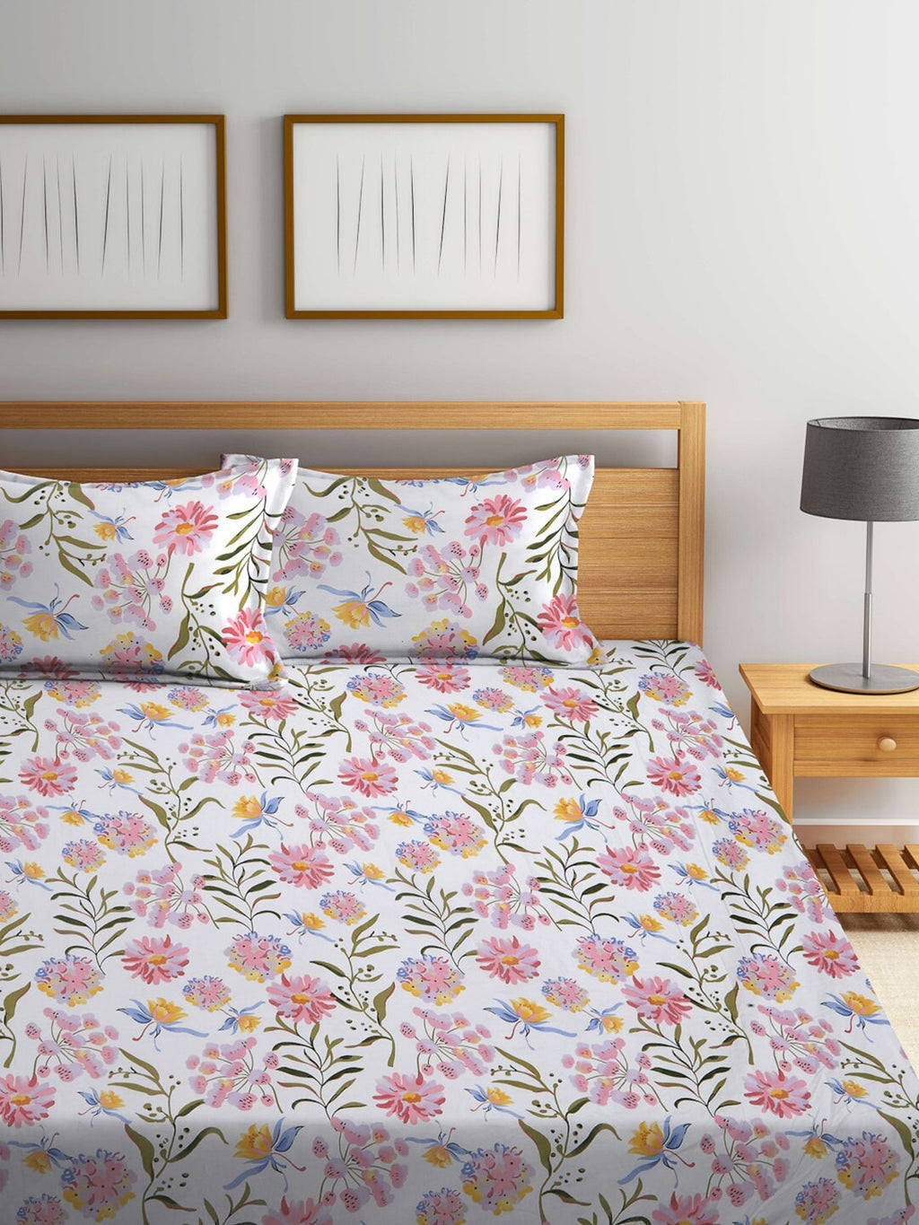 KLOTTHE Floral 300 TC Fitted Super King Bedsheet with 2 Pillow Covers | Grocsy