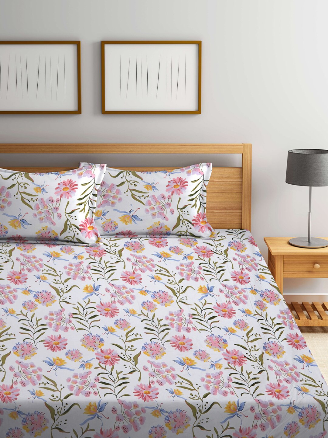 KLOTTHE Floral 300 TC Fitted Super King Bedsheet with 2 Pillow Covers | Grocsy