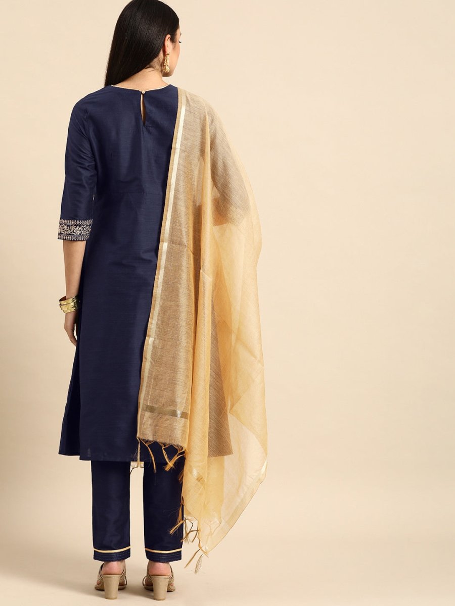 All About You Women Navy Blue Embroidered Kurta with Trousers & With Dupatta | Grocsy