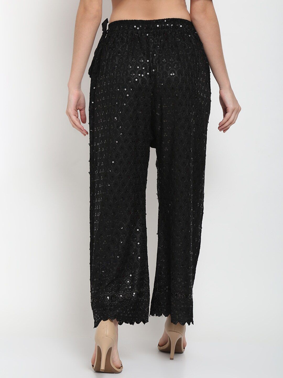 TAG 7 Women Black Ethnic Motifs Embroidered Sequin Flared Ethnic Palazzos | Grocsy