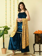 Myshka Women's Teal Velvet Kurti & Sharara With Dupatta Party Sets | Grocsy