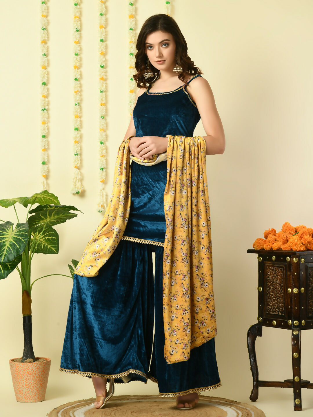 Myshka Women's Teal Velvet Kurti & Sharara With Dupatta Party Sets | Grocsy