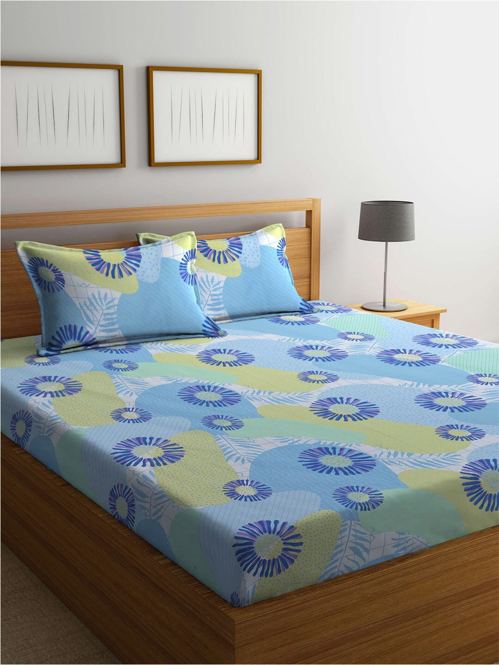 BOMBAY DYEING Serenita Blue Printed Cotton 144 TC King Bedsheet with 2 Pillow Covers | Grocsy