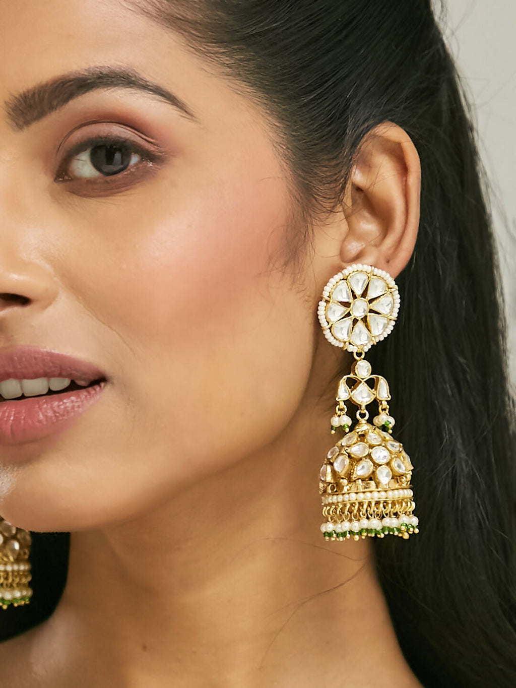 Nuyug 22K Gold-Plated Kundan Stone Studded & Pearl Beaded Dome Shaped Jhumkas | Grocsy