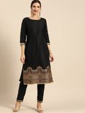 All About You Women Black & Gold Printed Regular Kurta with Trousers | Grocsy