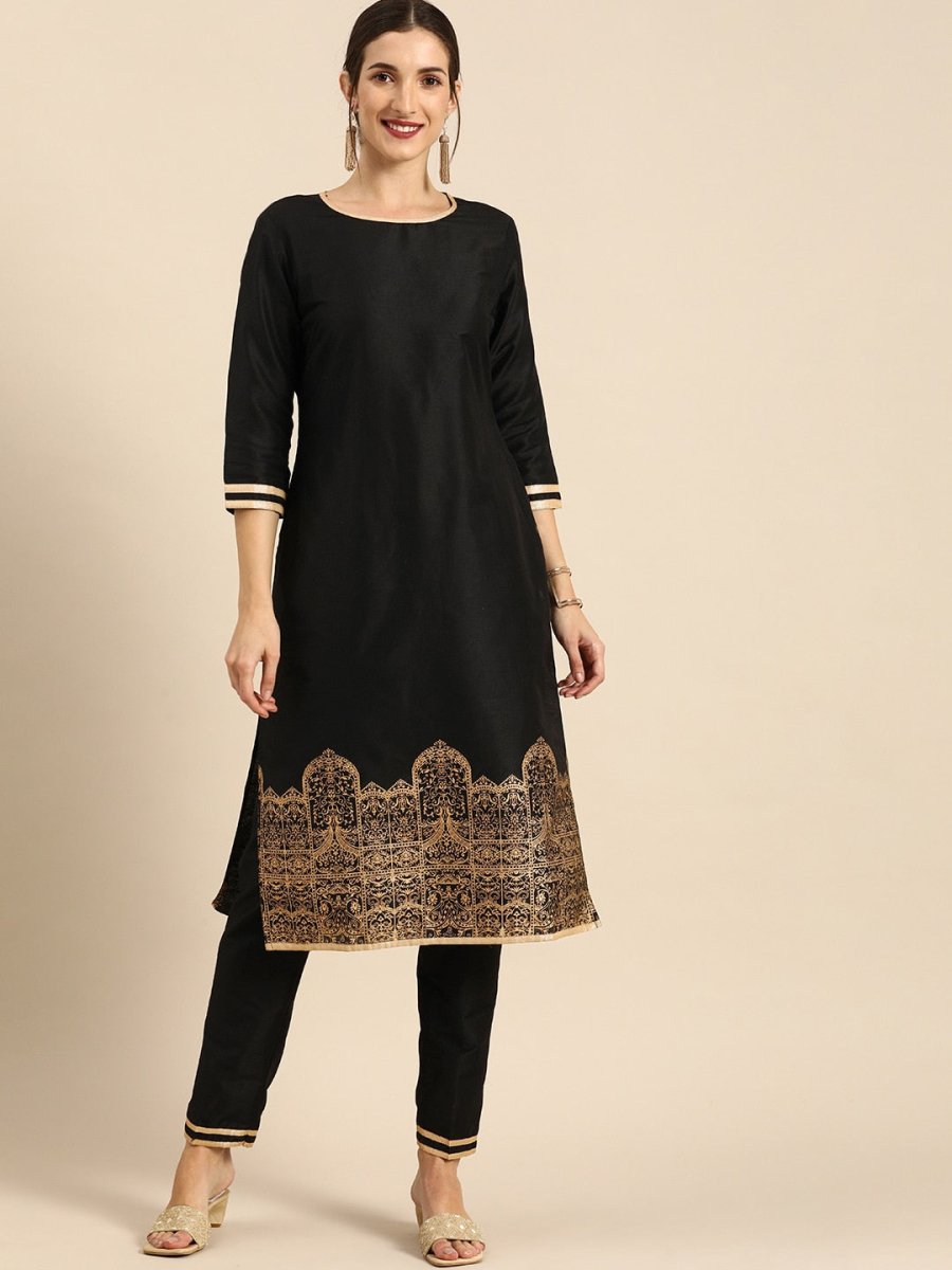 All About You Women Black & Gold Printed Regular Kurta with Trousers | Grocsy