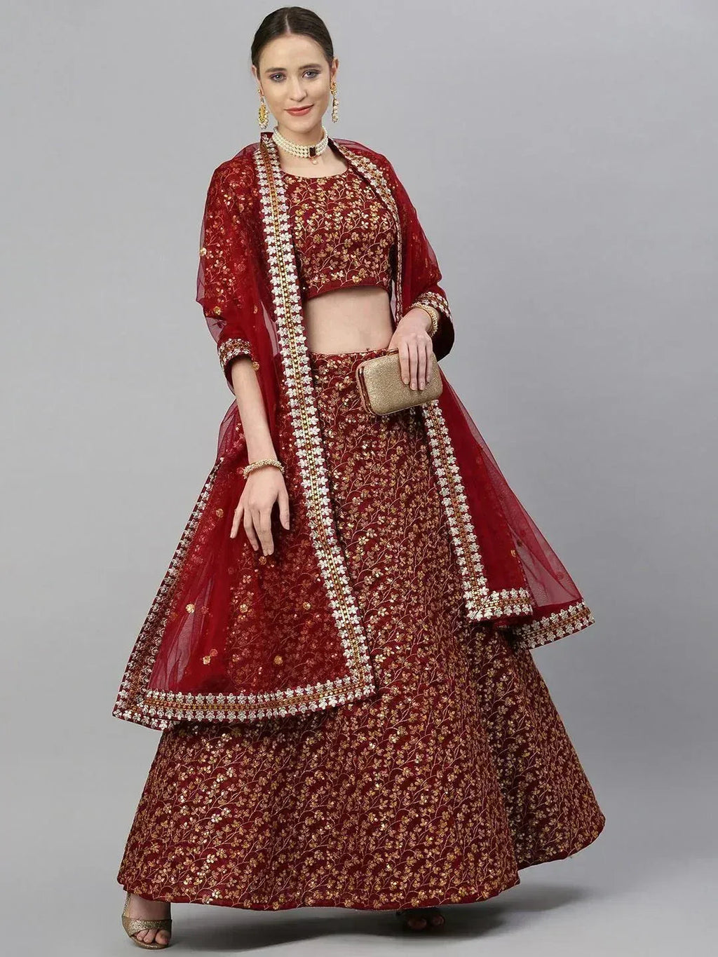 Tulsi Art Maroon & Golden Semi-Stitched Myntra Bridal Lehenga & Unstitched Blouse With Dupatta | Grocsy