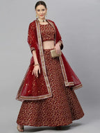 Tulsi Art Maroon & Golden Semi-Stitched Myntra Bridal Lehenga & Unstitched Blouse With Dupatta | Grocsy