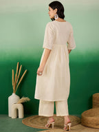 Sangria Off White Floral Embroidered Mirror Work Pure Cotton Anarkali Kurta Set | Grocsy