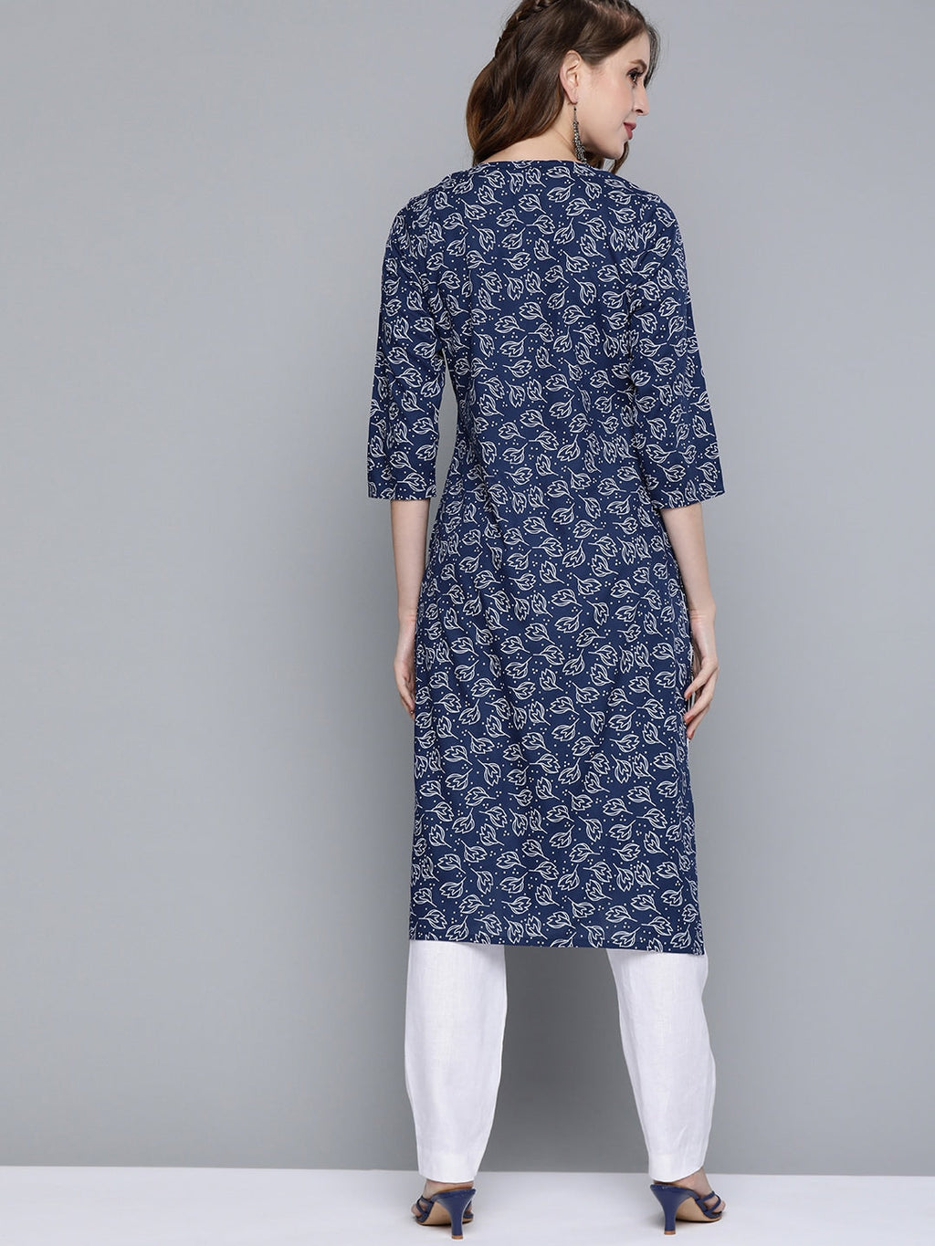 HERE&NOW Women Navy Blue & White Ethnic Motifs Printed Keyhole Neck Kurta | Grocsy