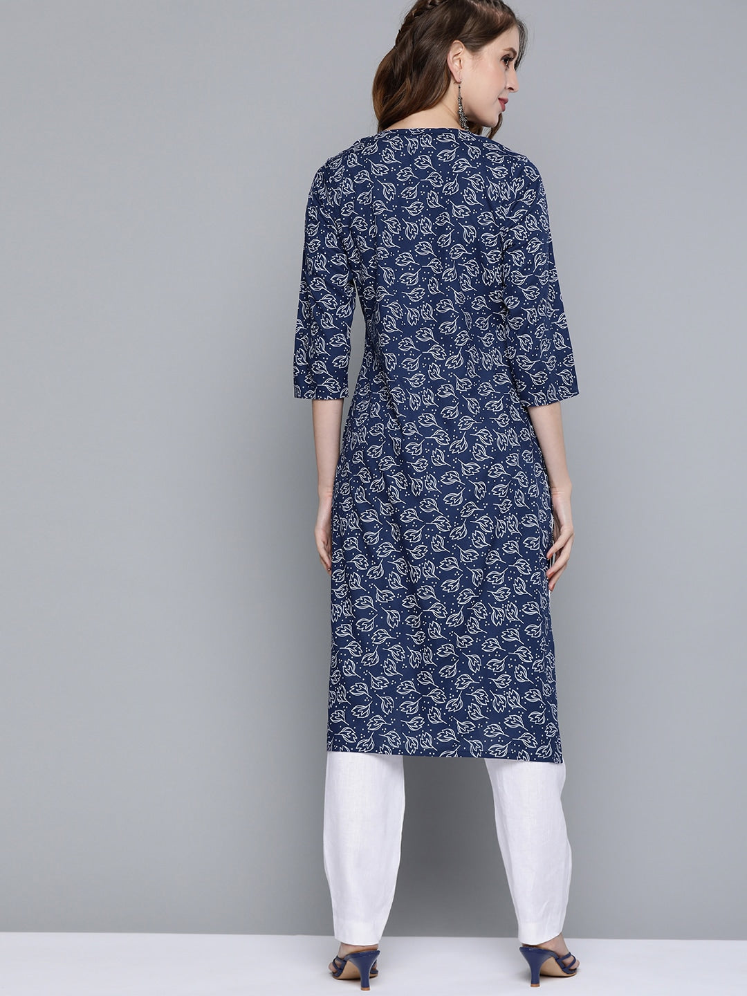 HERE&NOW Women Navy Blue & White Ethnic Motifs Printed Keyhole Neck Kurta | Grocsy