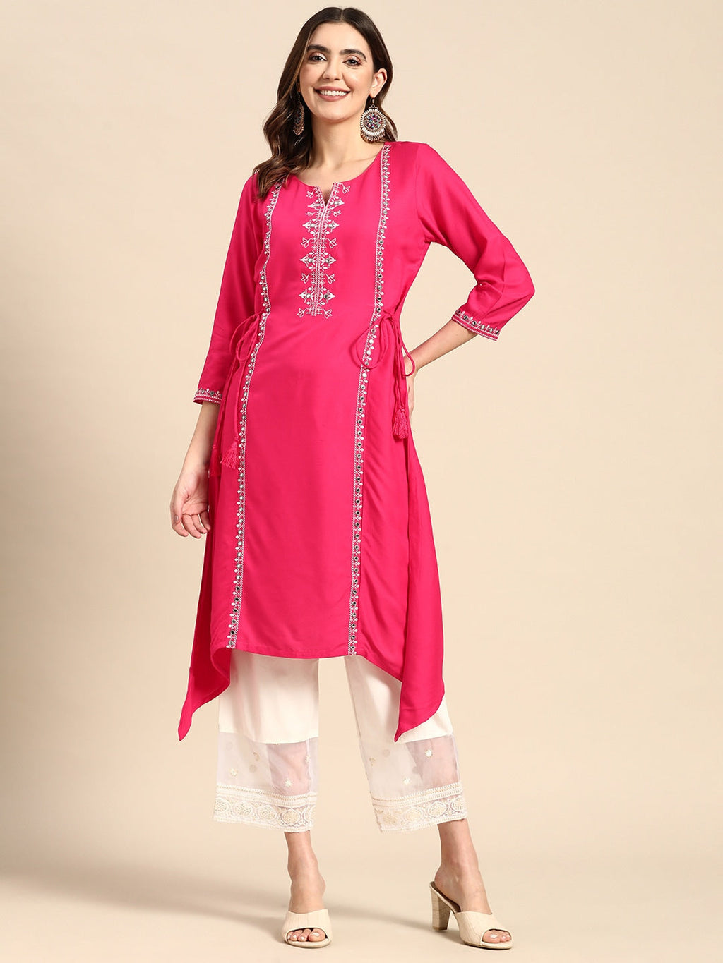 Sangria Floral Embroidered Mirror Work Kurta | Grocsy