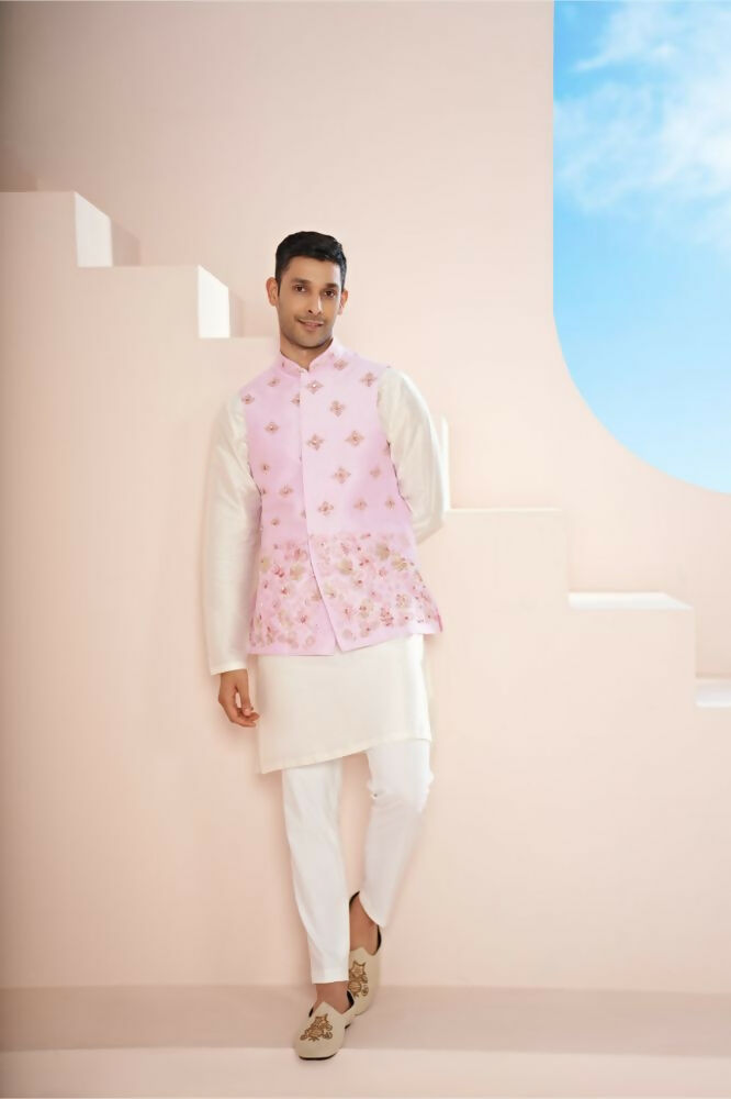 Lavender Pink Hand Embroidered Nehru Jacket by Hilo Design | Grocsy