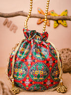 NR By Nidhi Rathi Red & Green Printed Potli Clutch | Grocsy