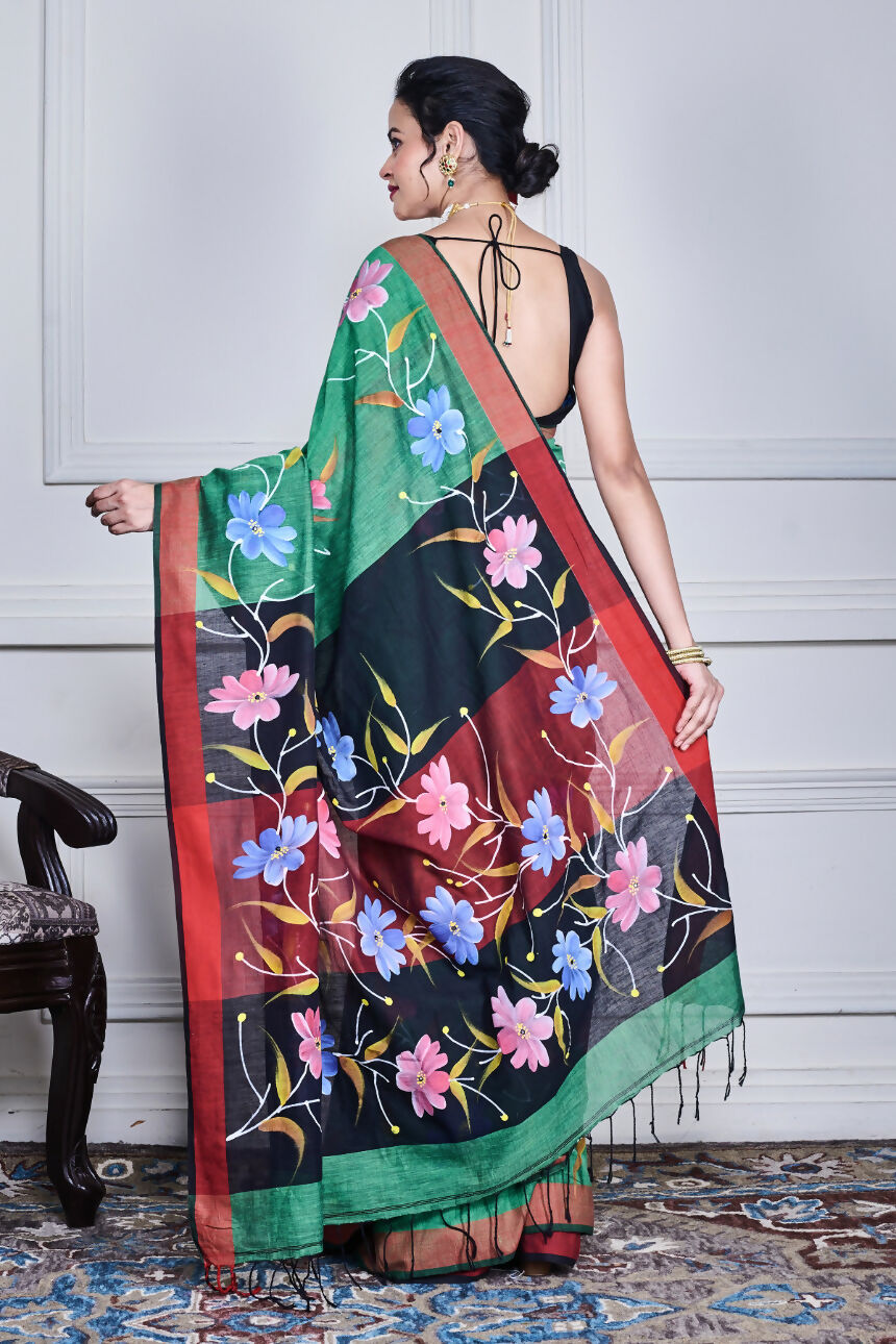 Morchari Multicolour Cotton Handloom Mirror Work Saree Unstitched Blouse | Grocsy