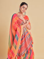 Sangria Orange & Green Printed Pure Cotton Saree | Grocsy