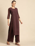 All About You Women Brown Ethnic Motifs Embroidered Regular Chikankari Kurta with Palazzos | Grocsy