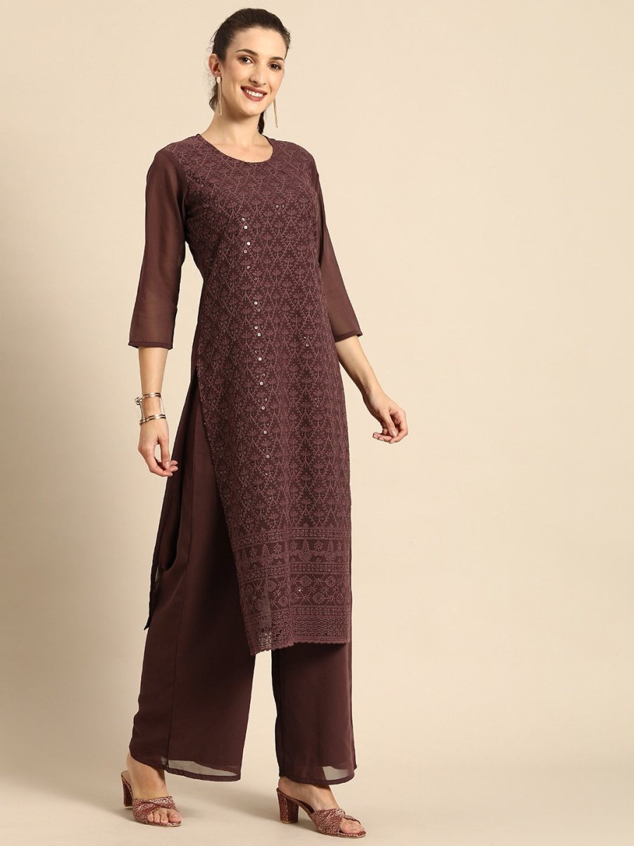 All About You Women Brown Ethnic Motifs Embroidered Regular Chikankari Kurta with Palazzos | Grocsy