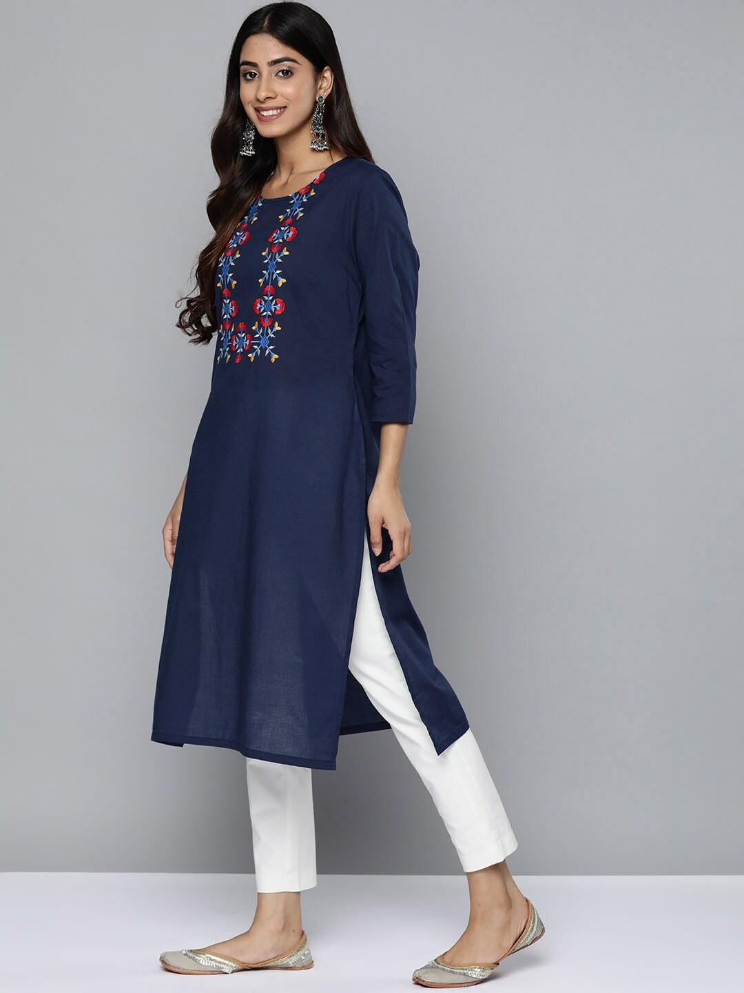 HERE&NOW Yoke Design Thread Work Cotton Kurta | Grocsy