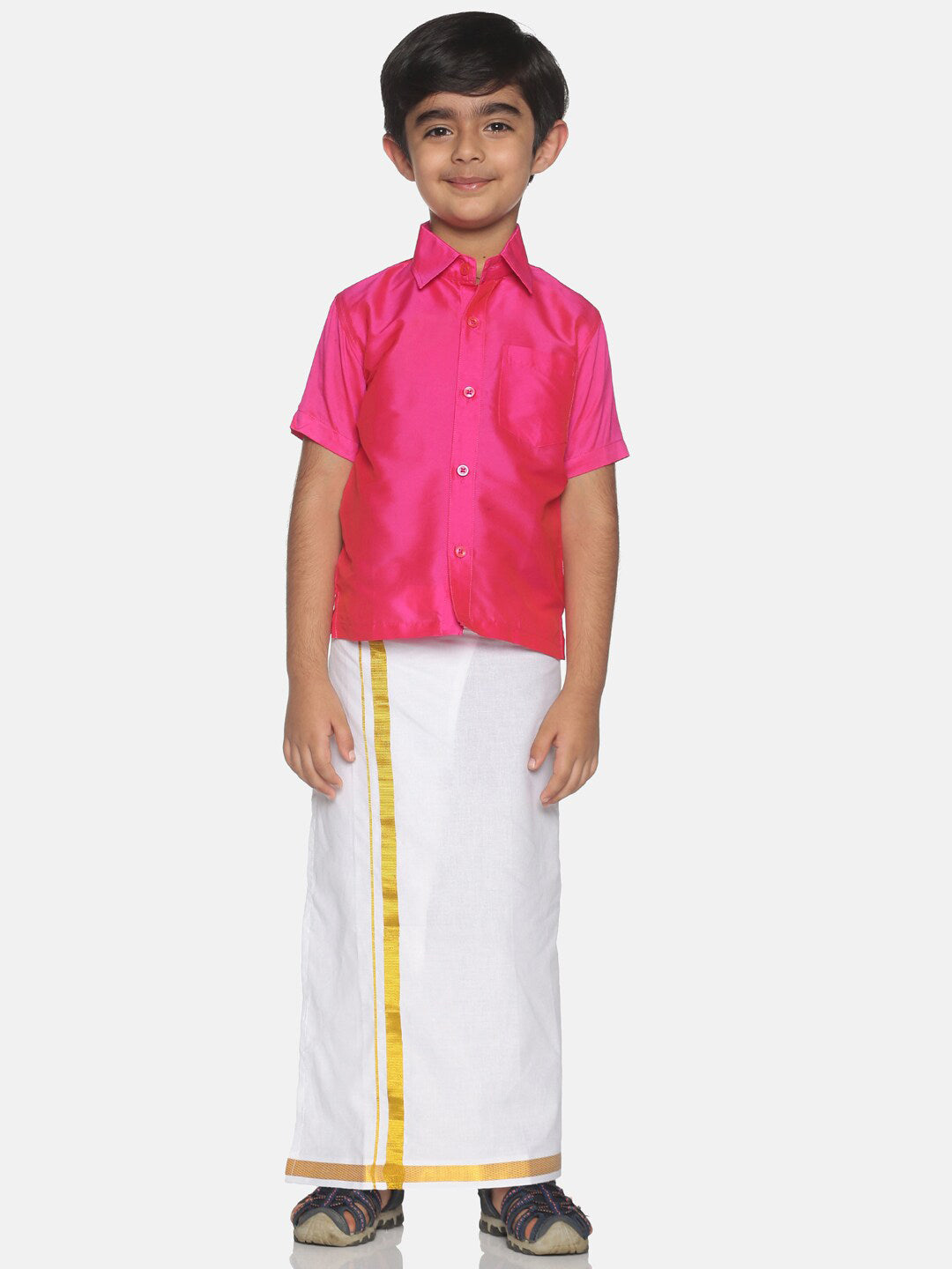Sethukrishna Boys Pink & White Solid Shirt and Veshti | Grocsy