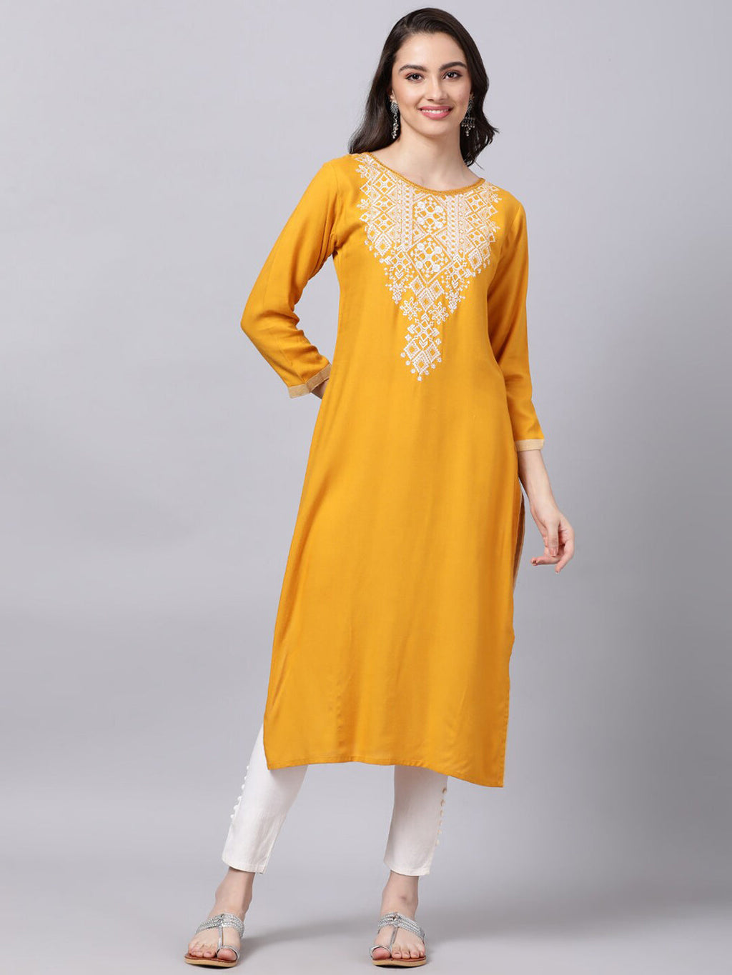 Souchii Women Tan & White Geometric Yoke Design Thread Work Grandeur & Majestic Artwork Kurta | Grocsy