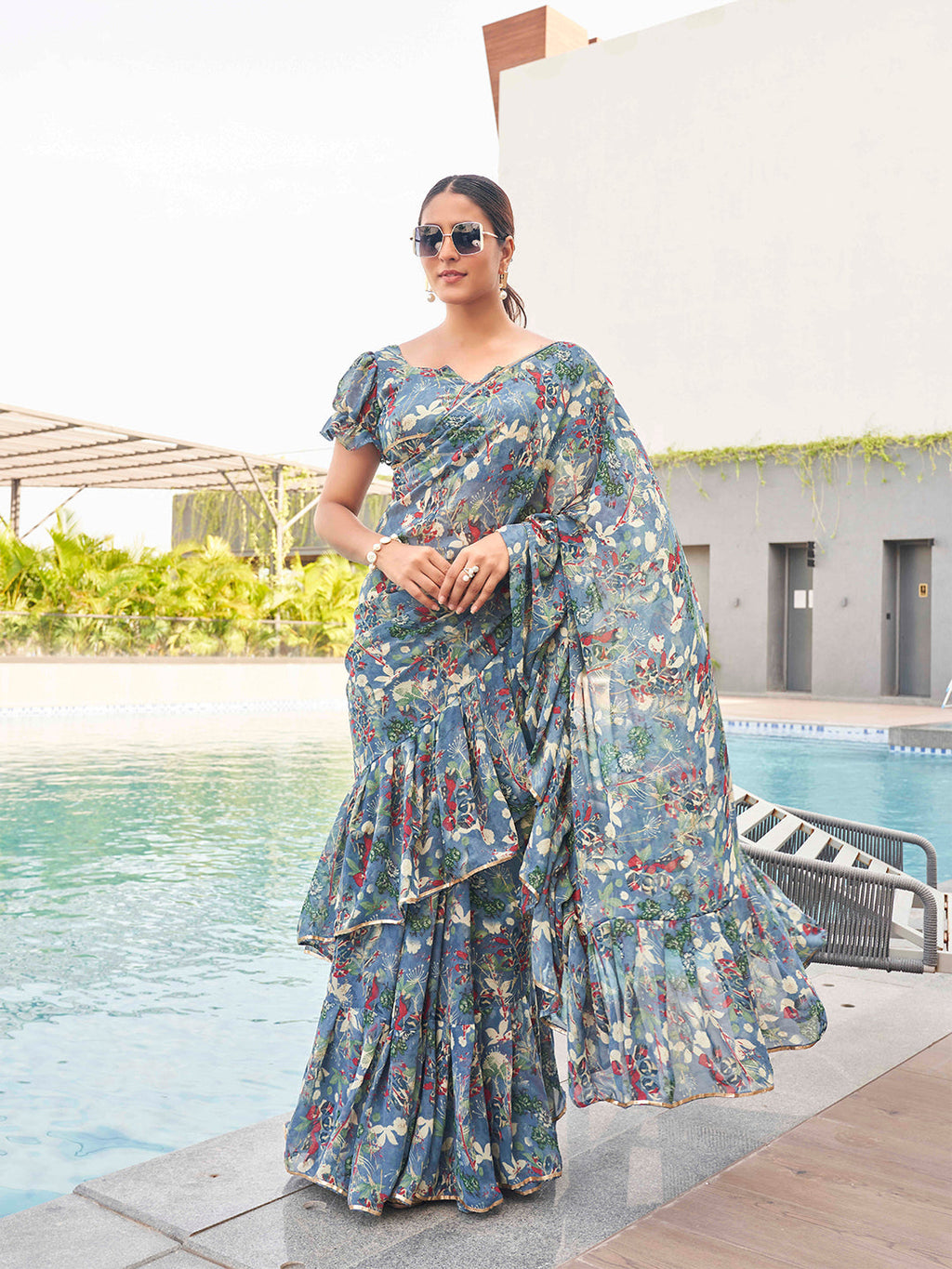 Tikhi Imli Floral printed ruffled saree | Grocsy