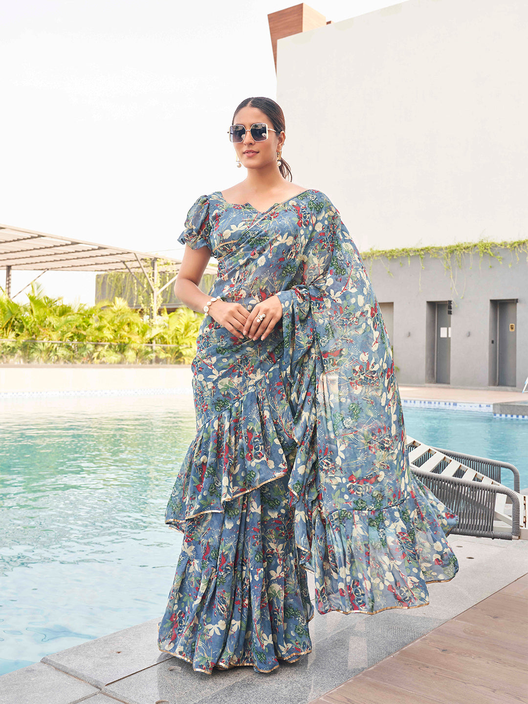 Tikhi Imli Floral printed ruffled saree | Grocsy