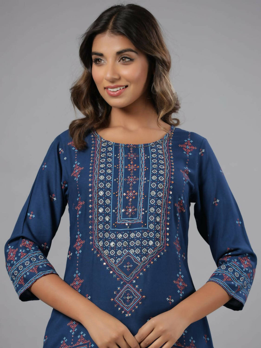 Juniper Women Navy Blue Printed Straight Kurta | Grocsy