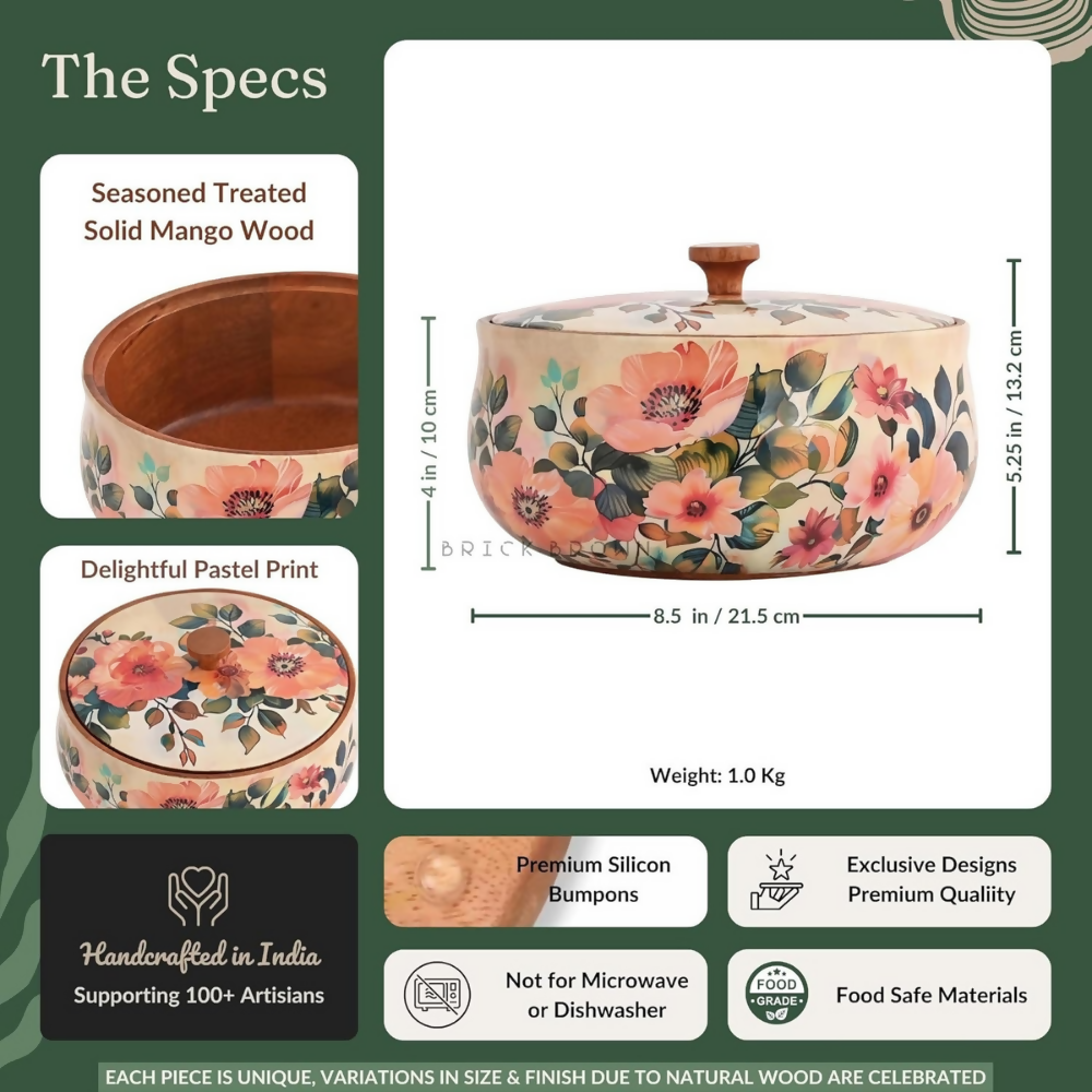 Brick Brown Handcrafted Enamel Coated Wooden Pastel Flora Roti Box | Grocsy