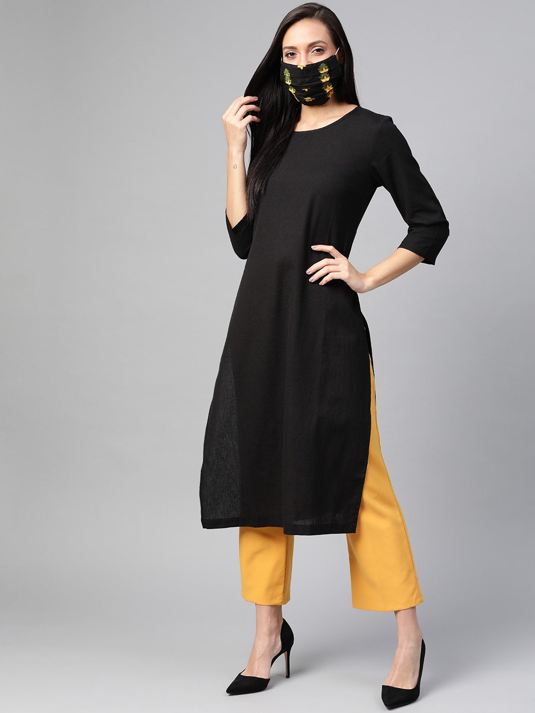 HERE&NOW Women Black Solid Straight Kurta | Grocsy