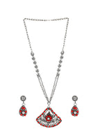 Cardinal Women Oxidised Silver-Plated Red Stone Studded & Beaded Jewellery Set | Grocsy