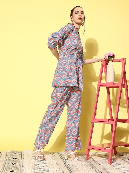 InWeave Women's Blue Pink Ogee Print Belted Coord Set | Grocsy