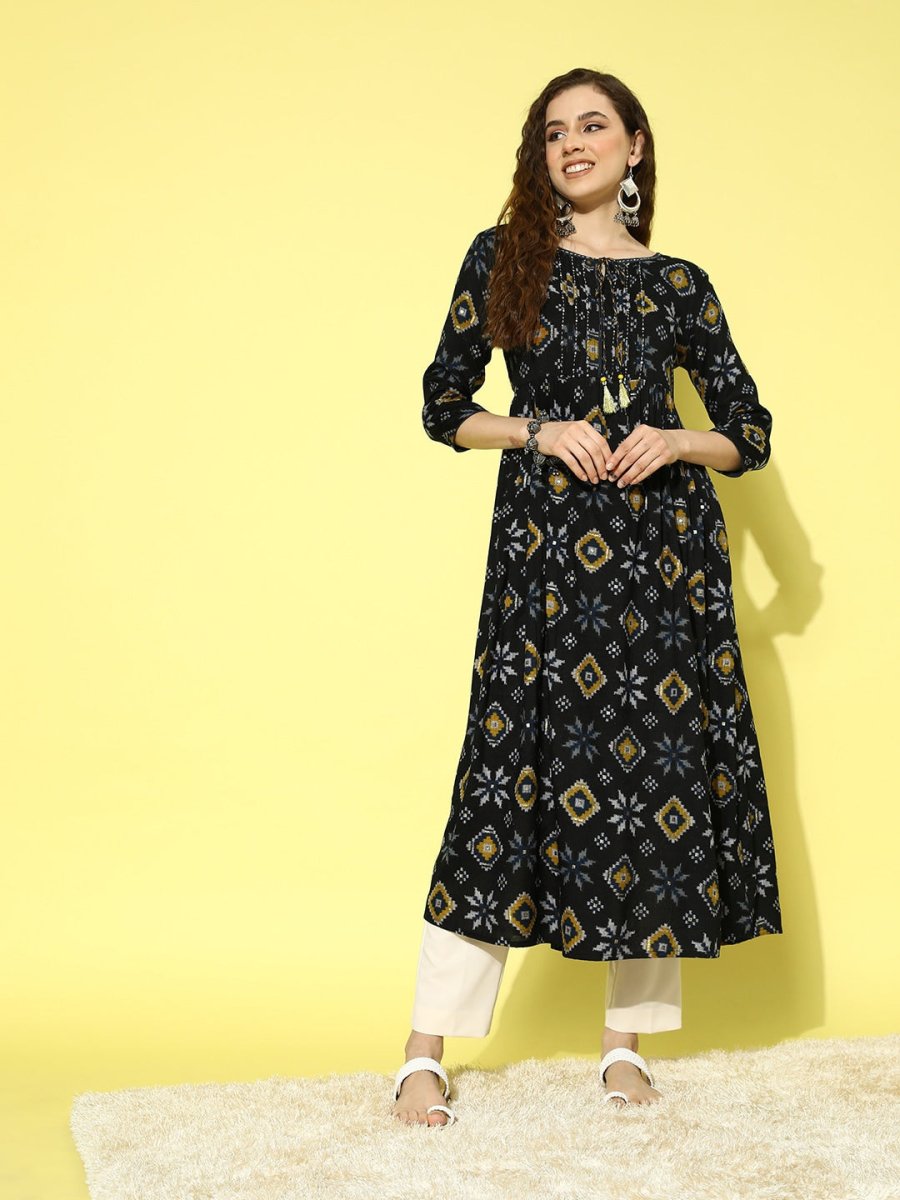All About You Women Black & Yellow Printed Thread Work Tiering Liva Anarkali Kurta | Grocsy