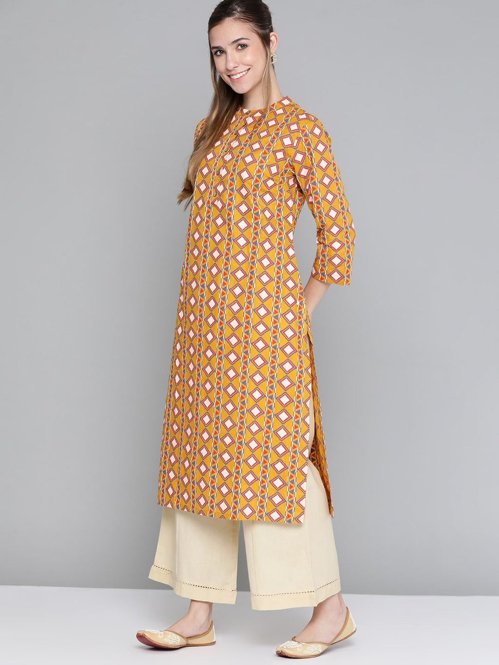 HERE&NOW Women Mustard Yellow & Cream Pure Cotton Geometric Printed Kurta | Grocsy