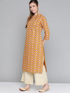 HERE&NOW Women Mustard Yellow & Cream Pure Cotton Geometric Printed Kurta | Grocsy