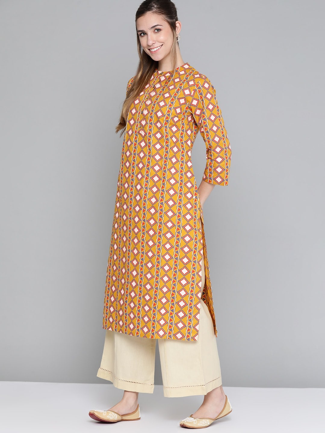 HERE&NOW Women Mustard Yellow & Cream Pure Cotton Geometric Printed Kurta | Grocsy