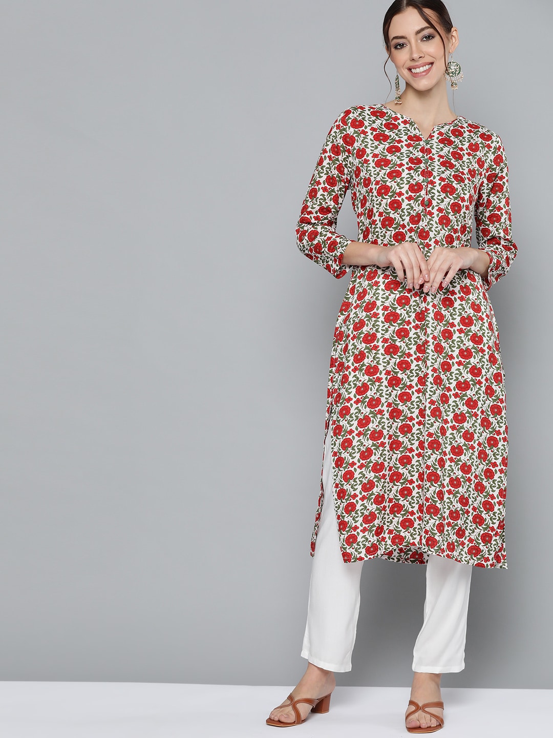 HERE&NOW Women Red & Green Floral Print Kurta | Grocsy