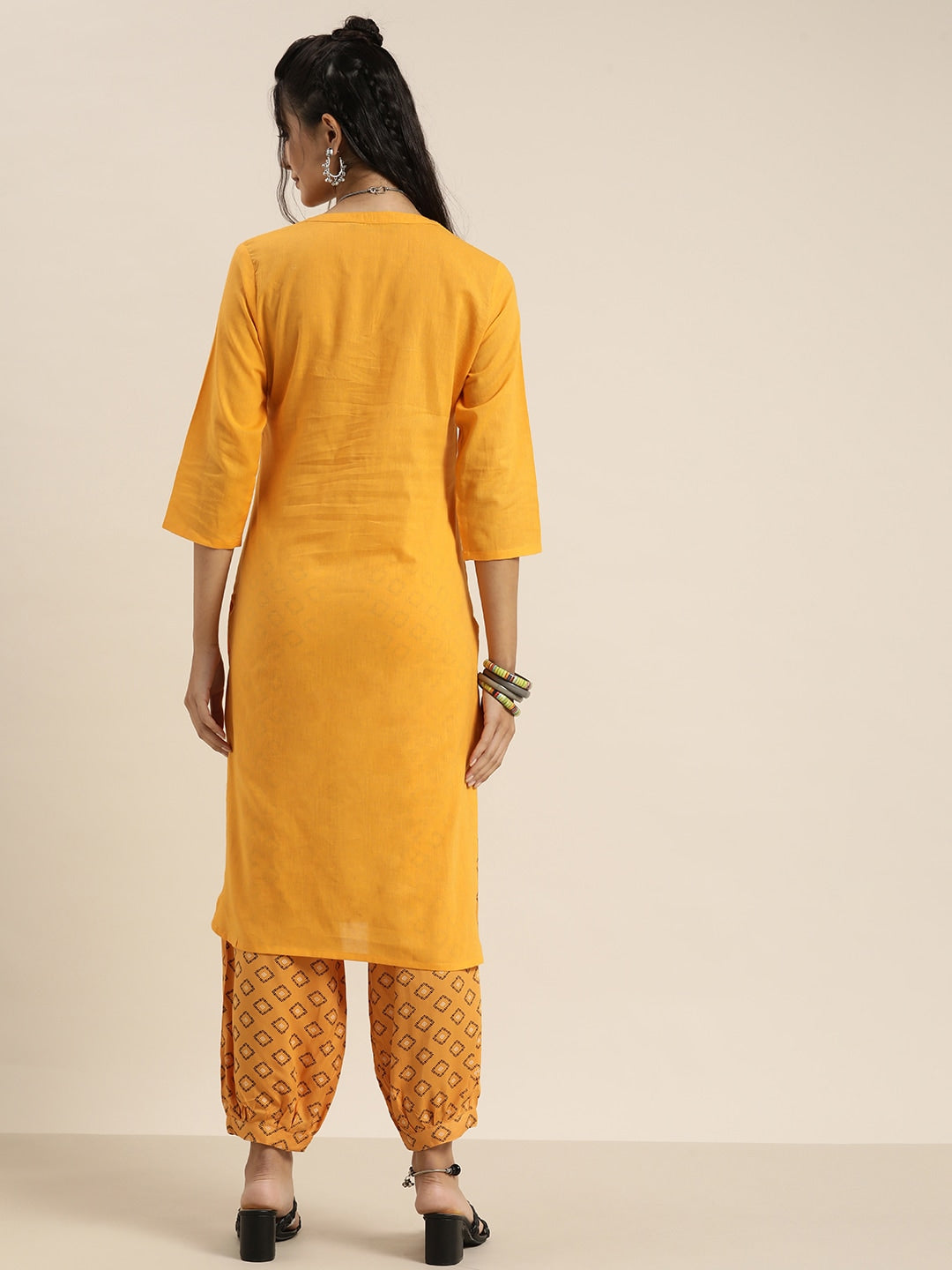 Sangria Women Yellow & Black Pure Cotton Kurta with Salwar | Grocsy