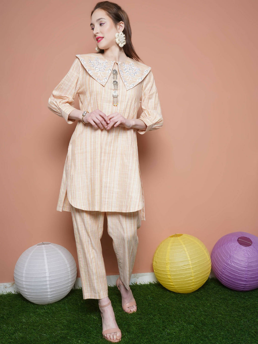 Women Republic Beige Striped Kurta Set | Grocsy