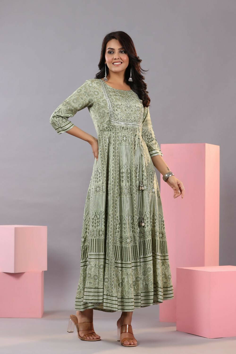Juniper Women Olive Green Shantoon Floral Printed Maxi Dress | Grocsy