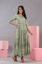 Juniper Women Olive Green Shantoon Floral Printed Maxi Dress | Grocsy