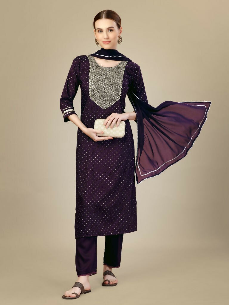 Jyoti Fashion Women's Purple Silk Blend Embroidery & Sequence work Kurta with Trouser & Dupatta | Grocsy