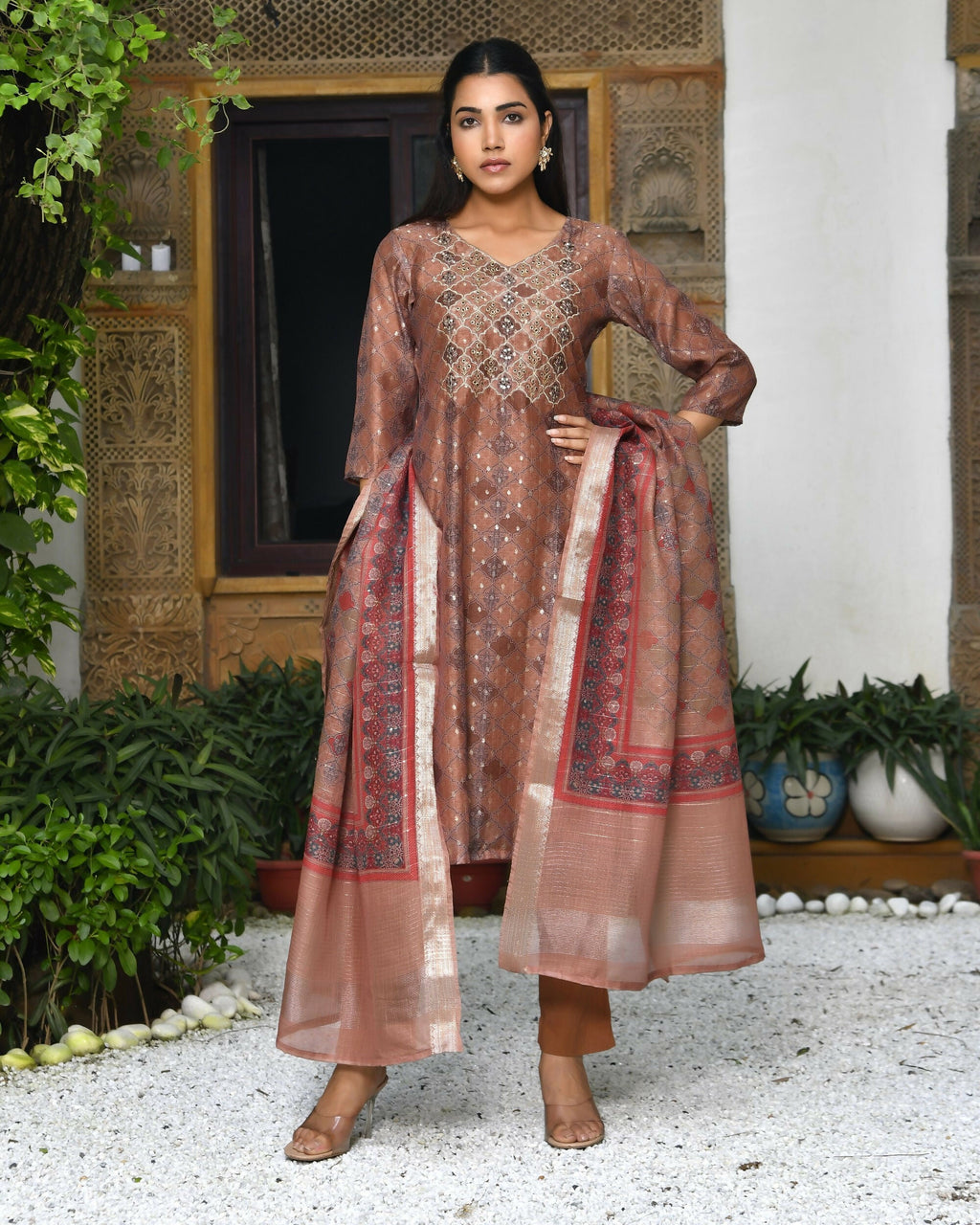 Vaasva Women's Chanderi Printed Suit Set With Pant And Printed Dupatta | Grocsy