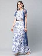 Ahalyaa Women Blue Crepe Printed Top with Skirt with Net Overlay | Grocsy