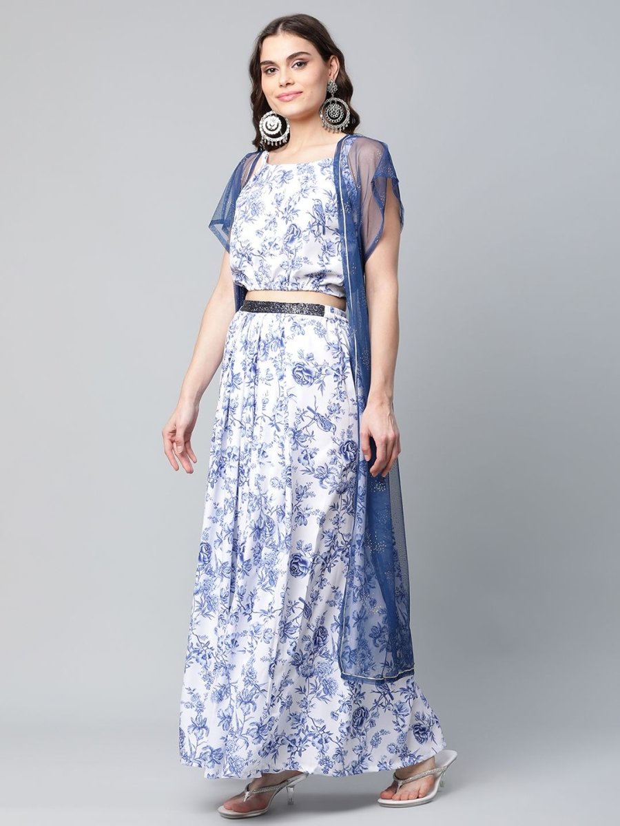 Ahalyaa Women Blue Crepe Printed Top with Skirt with Net Overlay | Grocsy