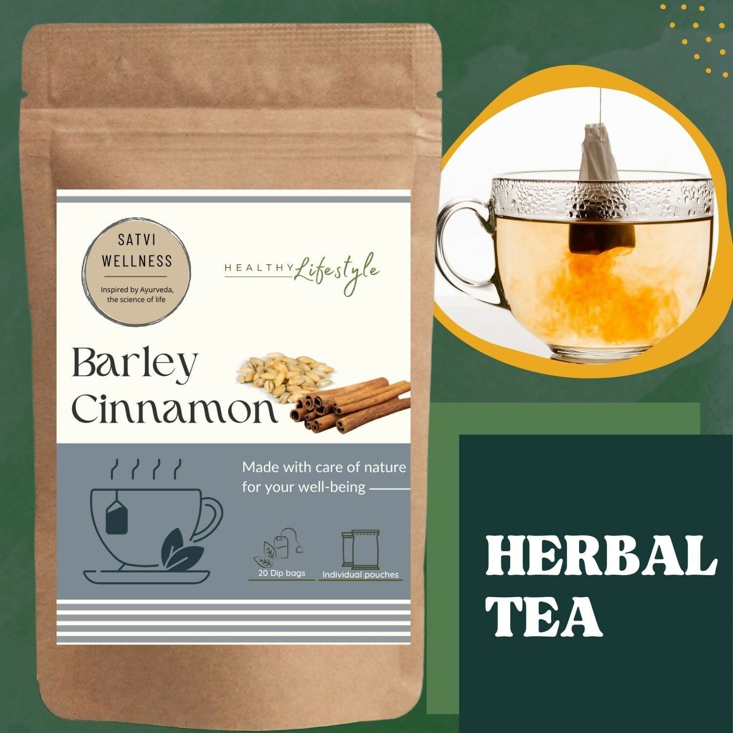 Satvi Wellness Barley Cinnamon Tea | Barley Seed With Ginger Herbal Tea Bags | Grocsy