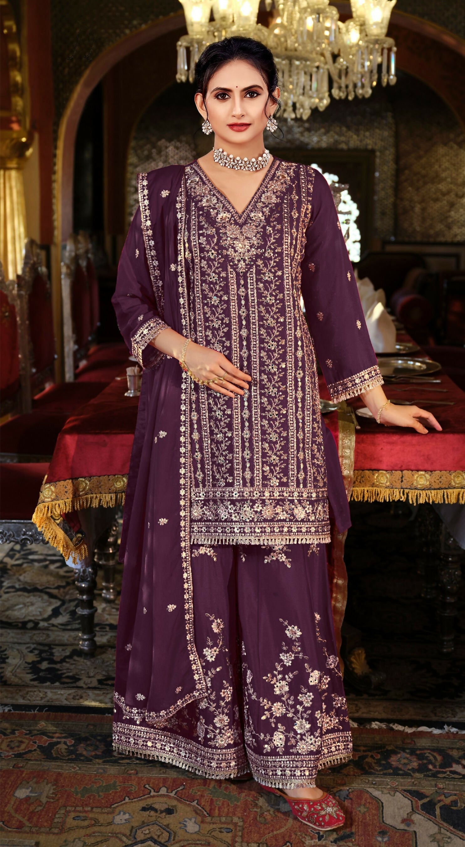 Anaita Maroon Chinon Stitched Suit with Embroidery Coding Sequence Work | Grocsy
