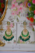 Green Gold-Polished Beautifully Enamelled Stylish Kundan & Pearl Dangle Women Earrings|Meenakari Chandbali Traditional Ethnic Wear Earrings By House of Ree - Swadesiicart