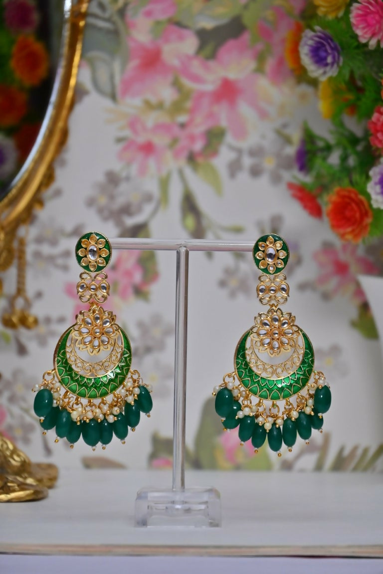 Green Gold-Polished Beautifully Enamelled Stylish Kundan & Pearl Dangle Women Earrings|Meenakari Chandbali Traditional Ethnic Wear Earrings By House of Ree - Swadesiicart