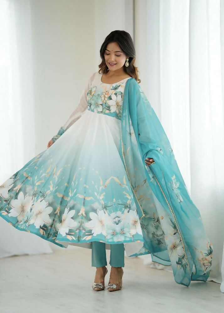 Joban Fashion Aqua Blue Kurta Set Organza Sequin Embroidery Work | Grocsy